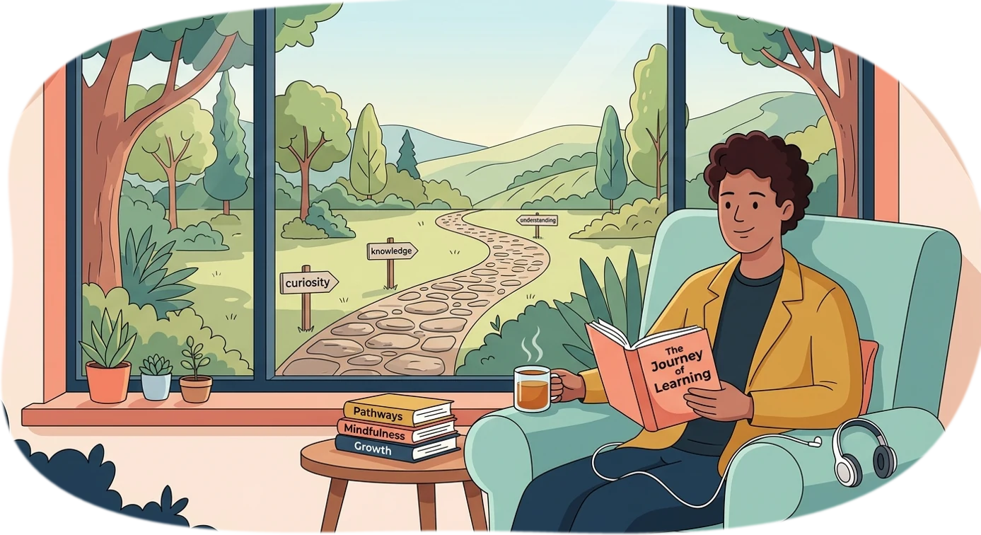 Illustration of a person reading a book by a window overlooking a winding path with signposts for curiosity, knowledge and understanding